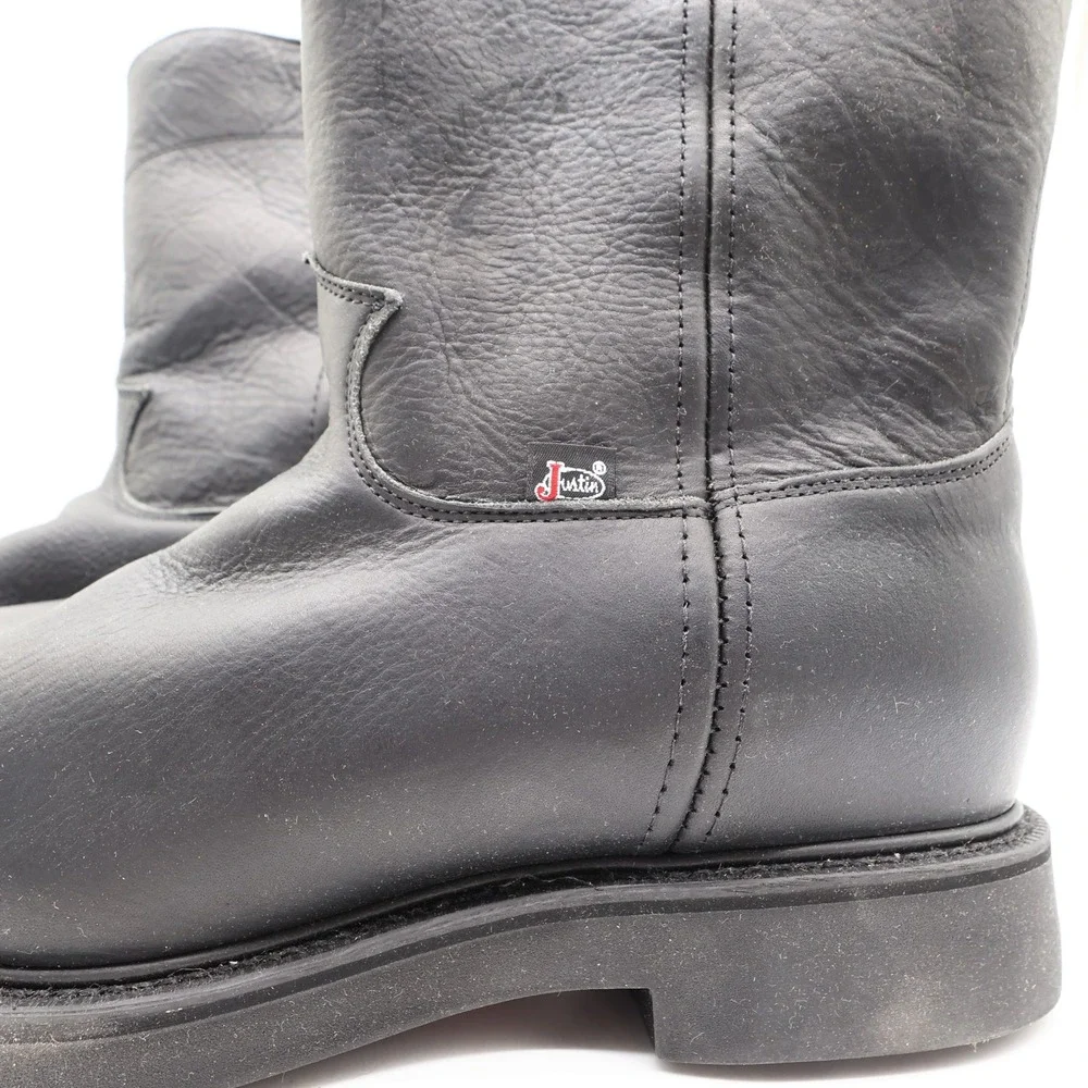 Justin Boots Mens 12 EE Black Leather Work Boots Pull On Roper 4763 NIB